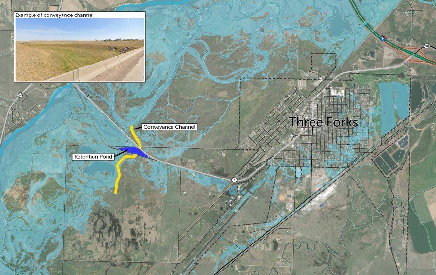 Image of what the Jefferson River Floodplain would look like if the mitigation channel were constructed in this location.  *Please note this does not include any mapping of the Madison River Floodplain
