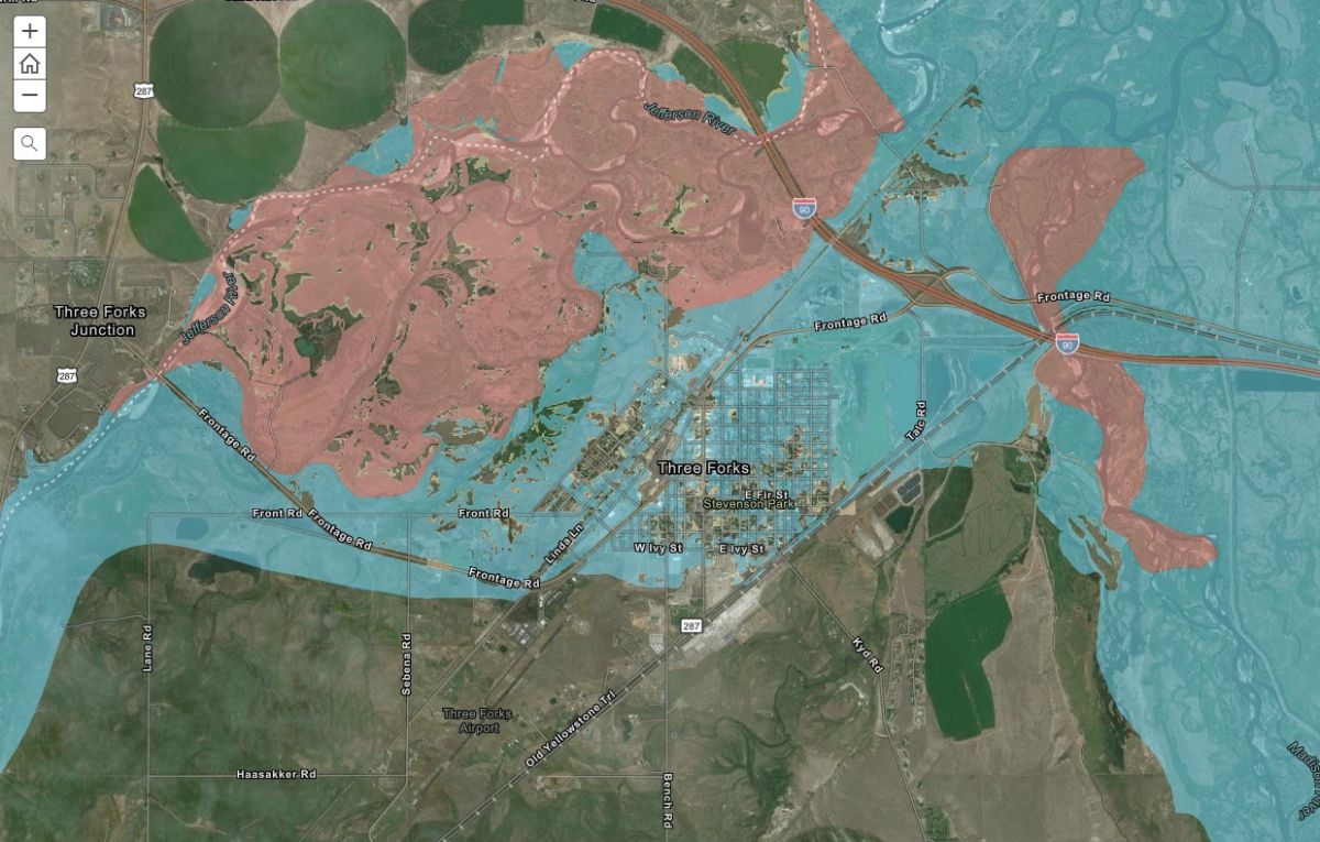 Image of existing Jefferson floodplain overlay in Three Forks. *Does not include the Madison River Floodplain