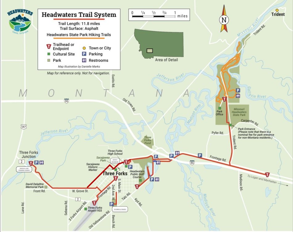 Image of the Headwaters Trail System throughout Three Forks and around the town to Droulliard Fishing Access and the Missouri Headwaters State Park