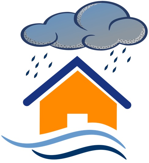 Flooding logo, image of house with rain cloud over it flood waters rushing by it
